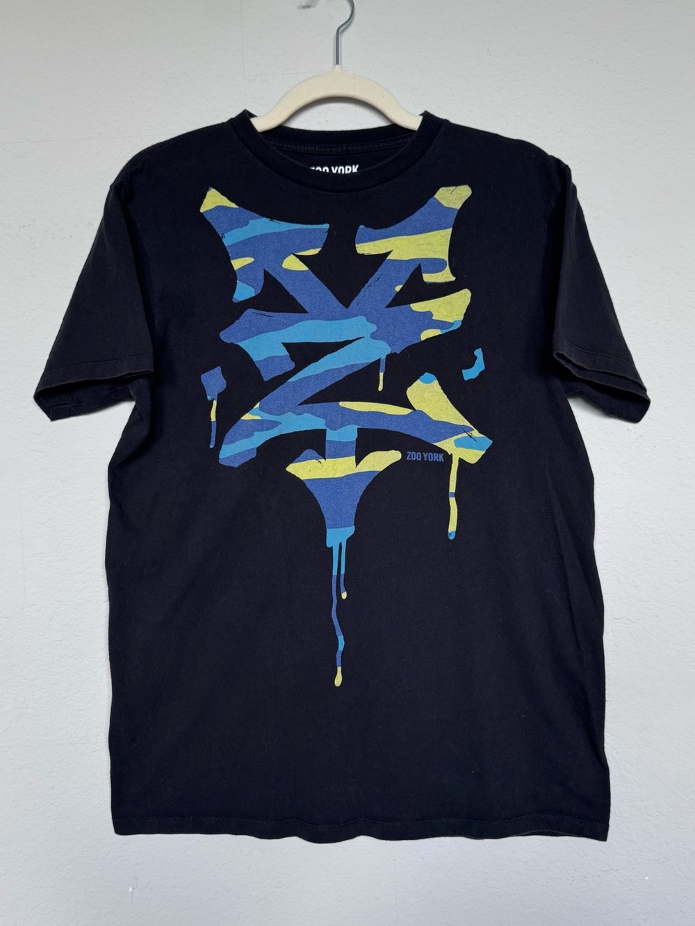 Zoo York Graphic Tee Black Camo Dripping Logo Medium Y2K Skate